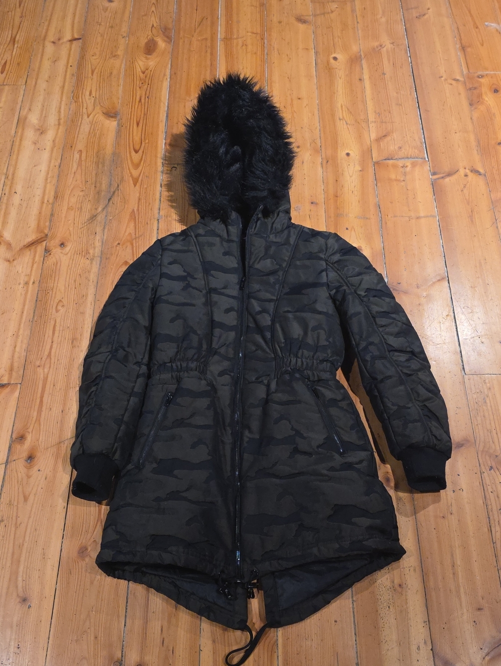 Guess Black Camo Hooded Puffer Coat with Faux Fur Trim